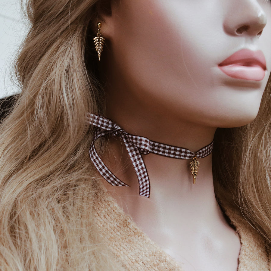 Cocoa & Fern Gingham Choker & Ear Studs Set