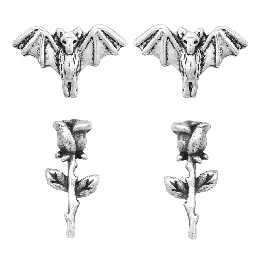 Gothic Bat & Rose Studs Set