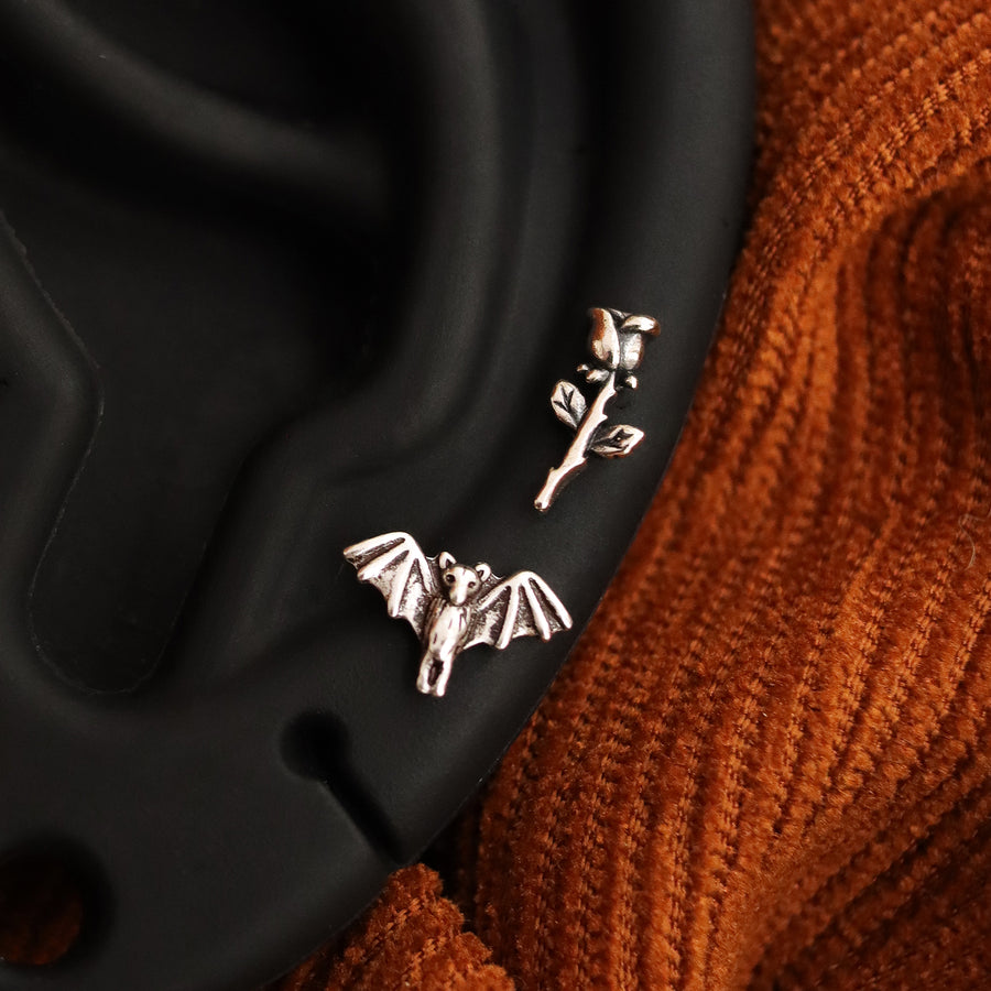 Gothic Bat & Rose Studs Set