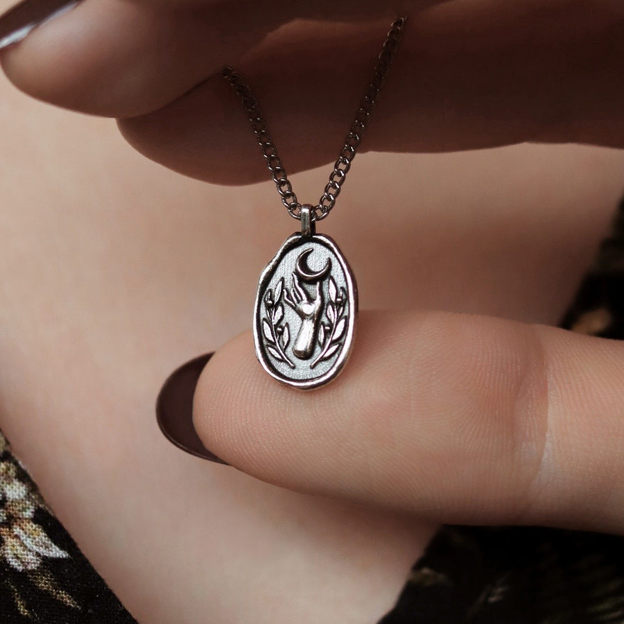 Sterling Silver Witchy Gothic Crescent Moon Hand Wax Seal Necklace