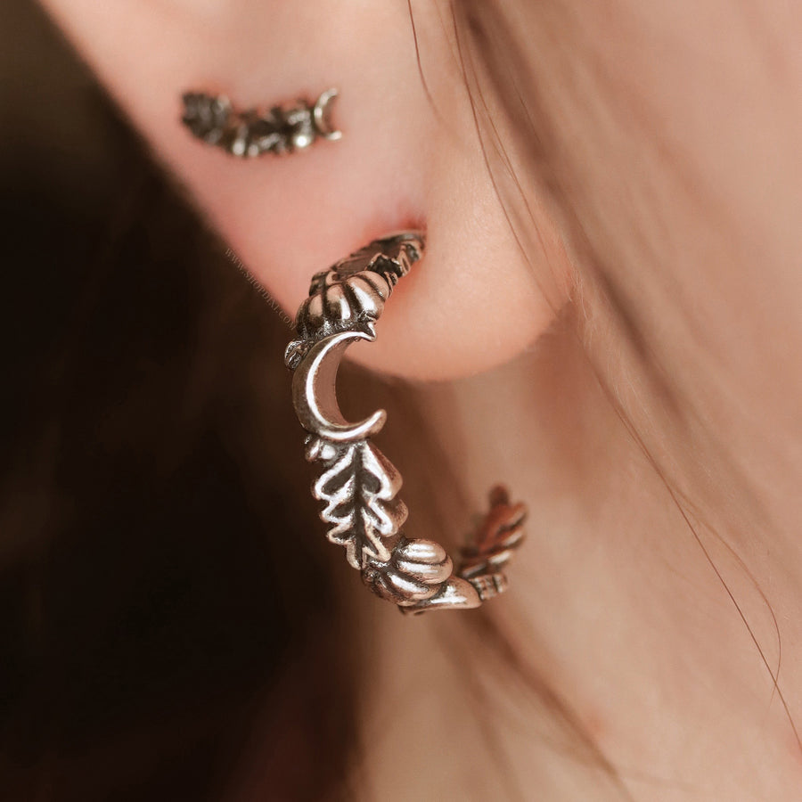 Fall Lovers Crescent Moon, Pumpkin, Oak & Maple Leaf Sterling Silver Autumnal Earring Hoops