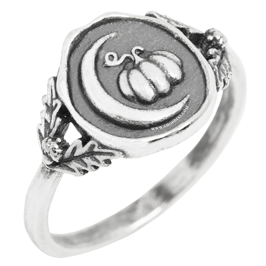 Unique Shop Dixi Sterling Silver Witchy Autumn Lovers Crescent Moon & Whimsical Pumpkin Acorn & Oak Leaf Wax Seal Ring