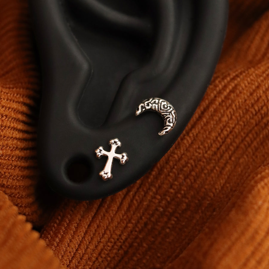 Gothic Cross & Moon Studs Set