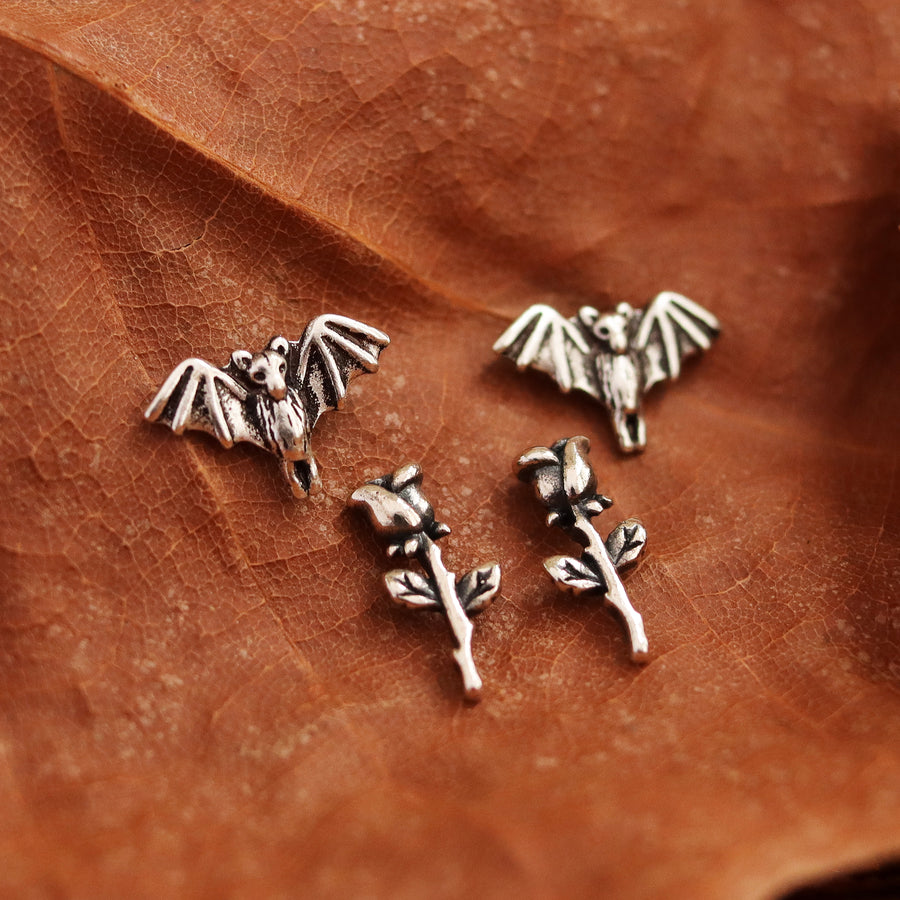 Gothic Bat & Rose Studs Set