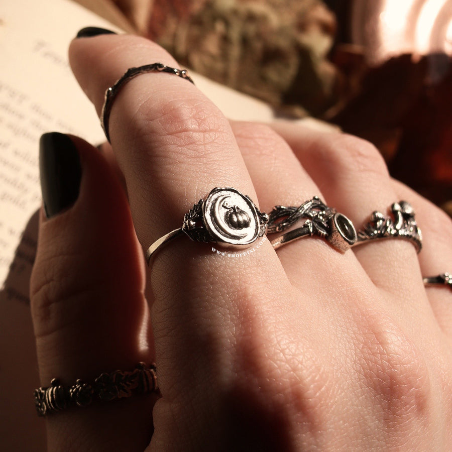 Practical Magic Jewellery Sterling Silver Witchy Autumn Lovers Crescent Moon & Whimsical Pumpkin Acorn & Oak Leaf Wax Seal Ring