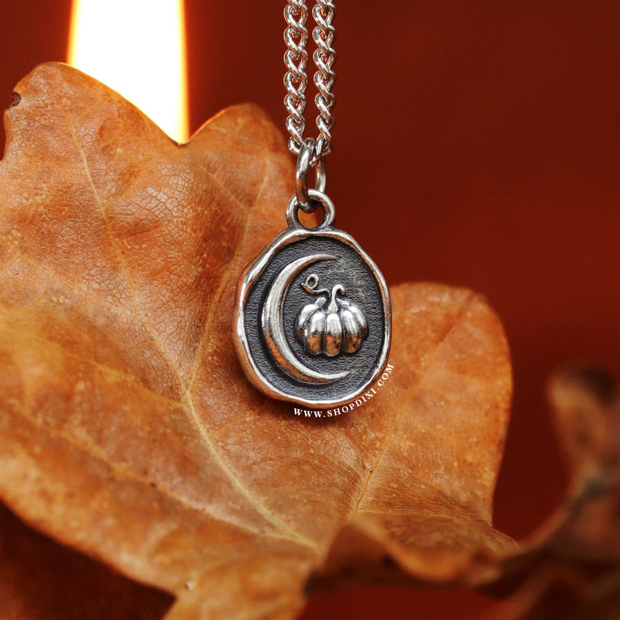 Autumn Pumpkin & Crescent Moon Aesthetic Necklsce Sterling Silver