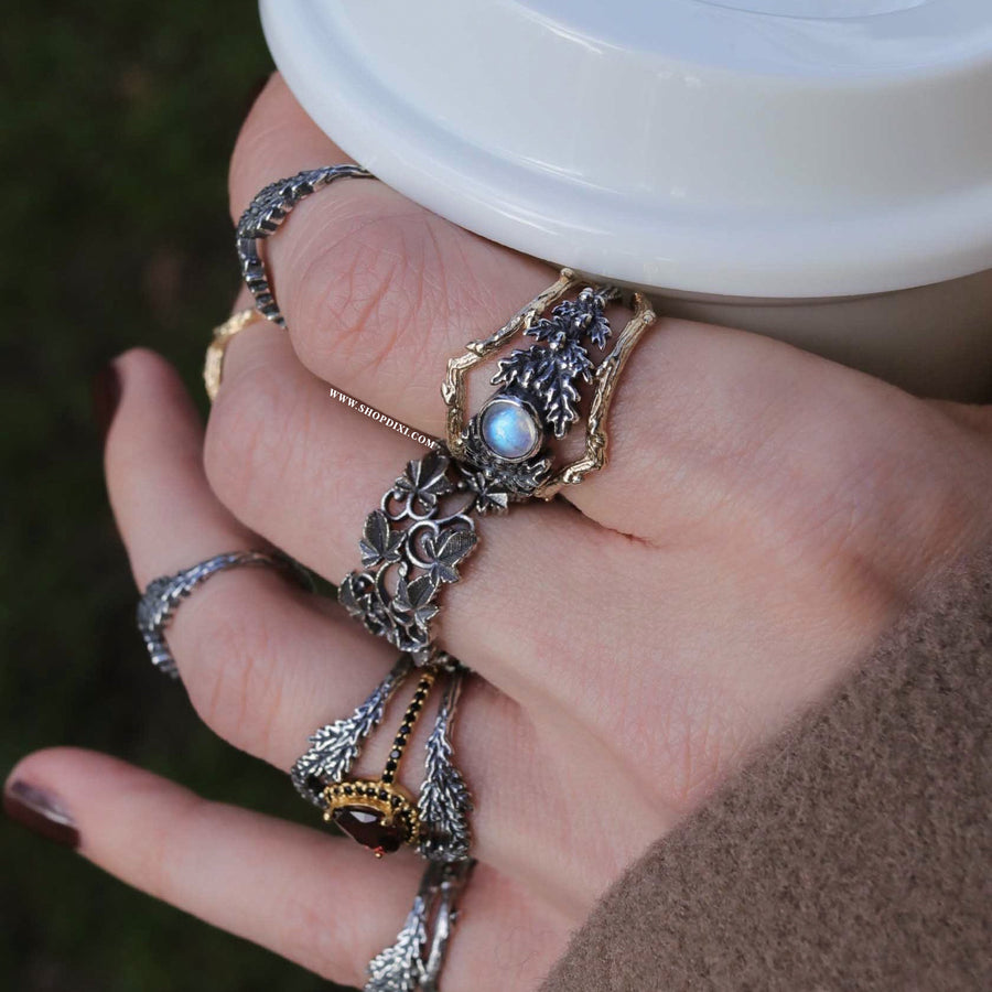 Sterling Silver Autumnal Nature Leaf Moonstone Ring Stack UK