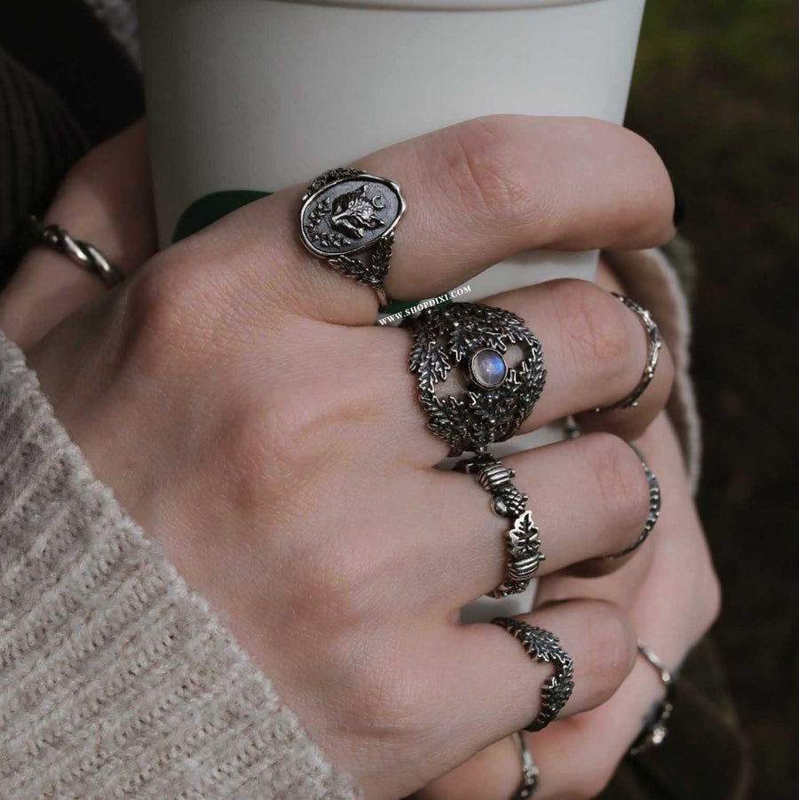 Sterling Silver Fox, Moon, Pumpkin & Leaf Inspired Stacking Rings from Shop Dixi