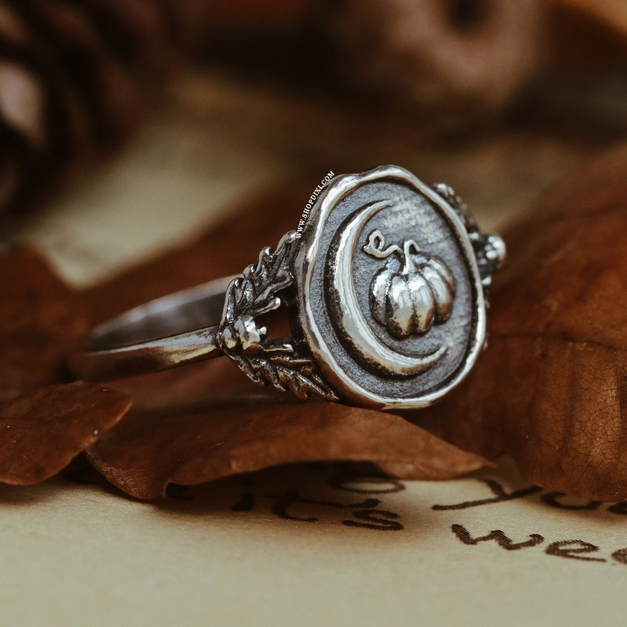 Cozy Fall Lovers Sterling Silver Witchy Autumnal Crescent Moon & Whimsical Pumpkin Acorn & Oak Leaf Wax Seal Ring