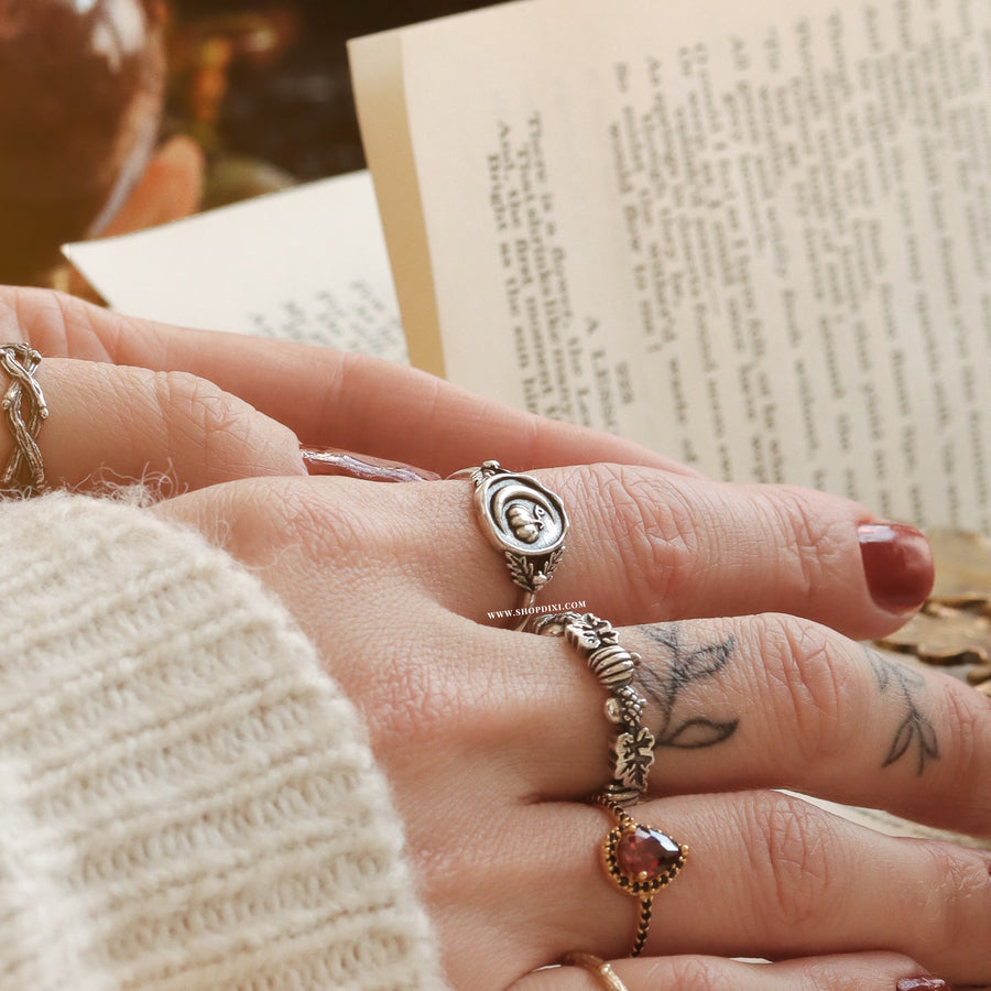 Gilmore Girls Inspired Sterling Silver Witchy Autumn Lovers Crescent Moon & Whimsical Pumpkin Acorn & Oak Leaf Wax Seal Ring