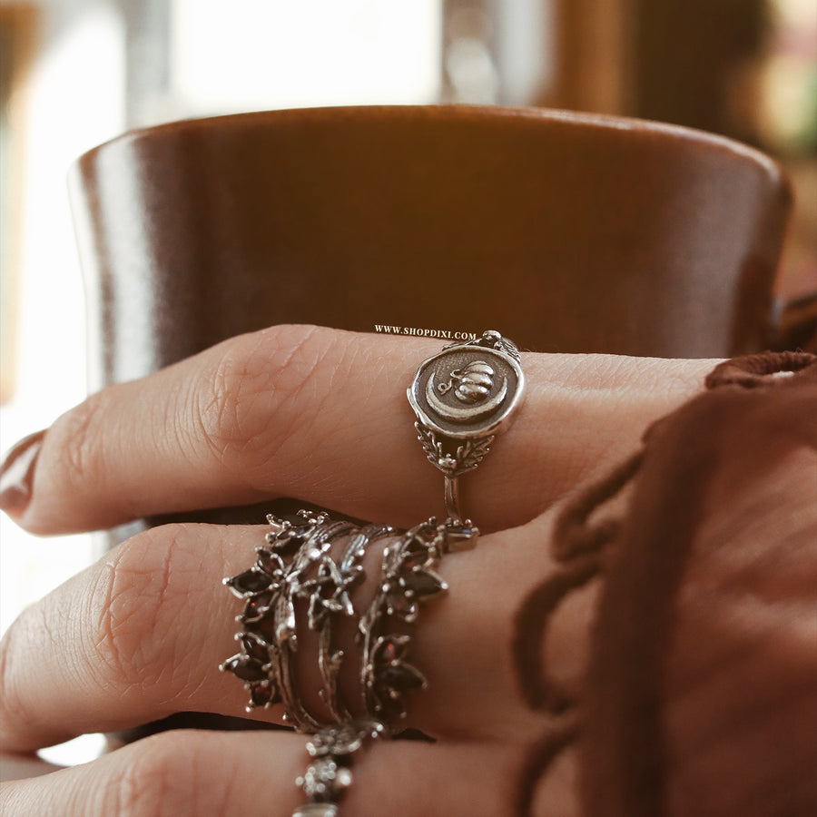 Pumpkin & Pentagram Witchy Ring Sterling Silver Practical Magic Vibes Jewellery