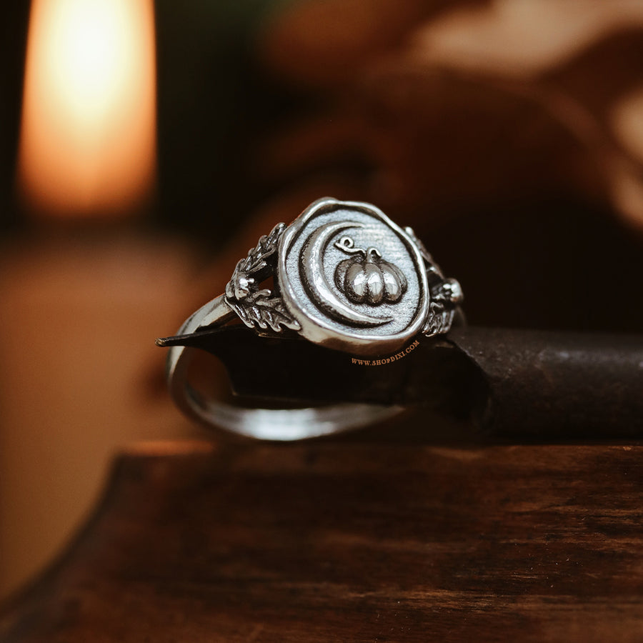 Shop Dixi Sterling Silver Witchy Autumn Lovers Crescent Moon & Whimsical Pumpkin Acorn & Oak Leaf Wax Seal Ring