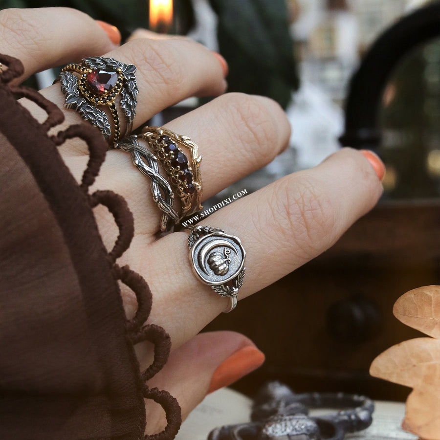 925 Sterling Silver Witchy Autumn Lovers Crescent Moon & Whimsical Pumpkin Acorn & Oak Leaf Wax Seal Ring Practical Magic Jewellery