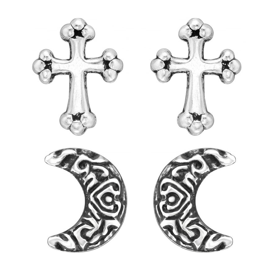 Gothic Cross & Moon Studs Set