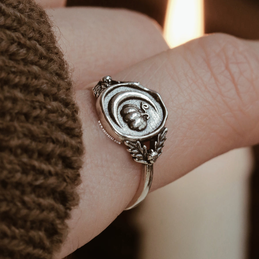 Cosy Fall Inspired Sterling Silver Witchy Autumn Lovers Crescent Moon & Whimsical Pumpkin Acorn & Oak Leaf Wax Seal Ring